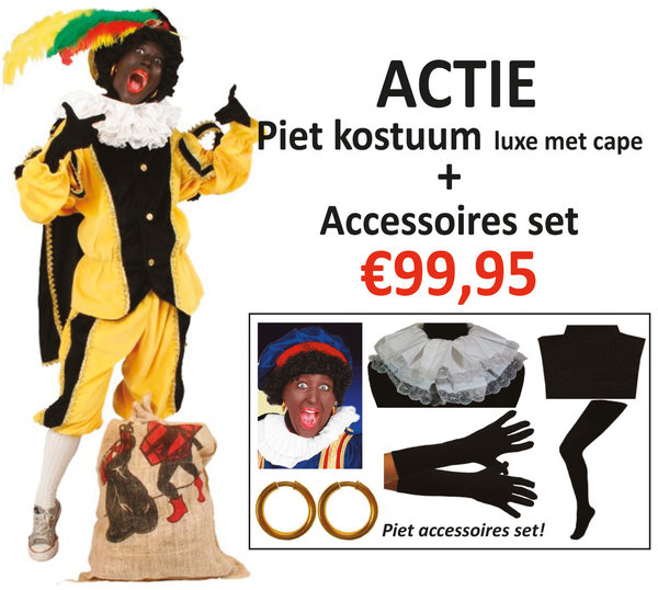 ACTIE! Piet kostuum luxe geel/zwart incl. cape + accessoires  - kopen